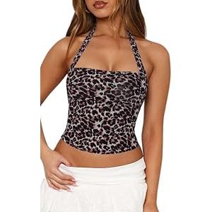 Women's Y2K Mesh Crop Halter Tank Top Sexy Backless Leopard Cheetah Print Cute Going Out Tops for Women Trendy XS