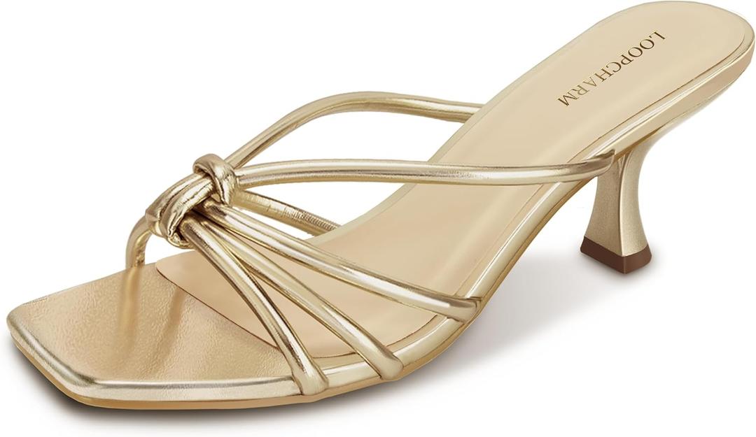 Women's Strappy Square Open Toe Kitten Heels Sandals Knotted Design Summer Fashion Slip On Mule Style (10, Gold Pu)