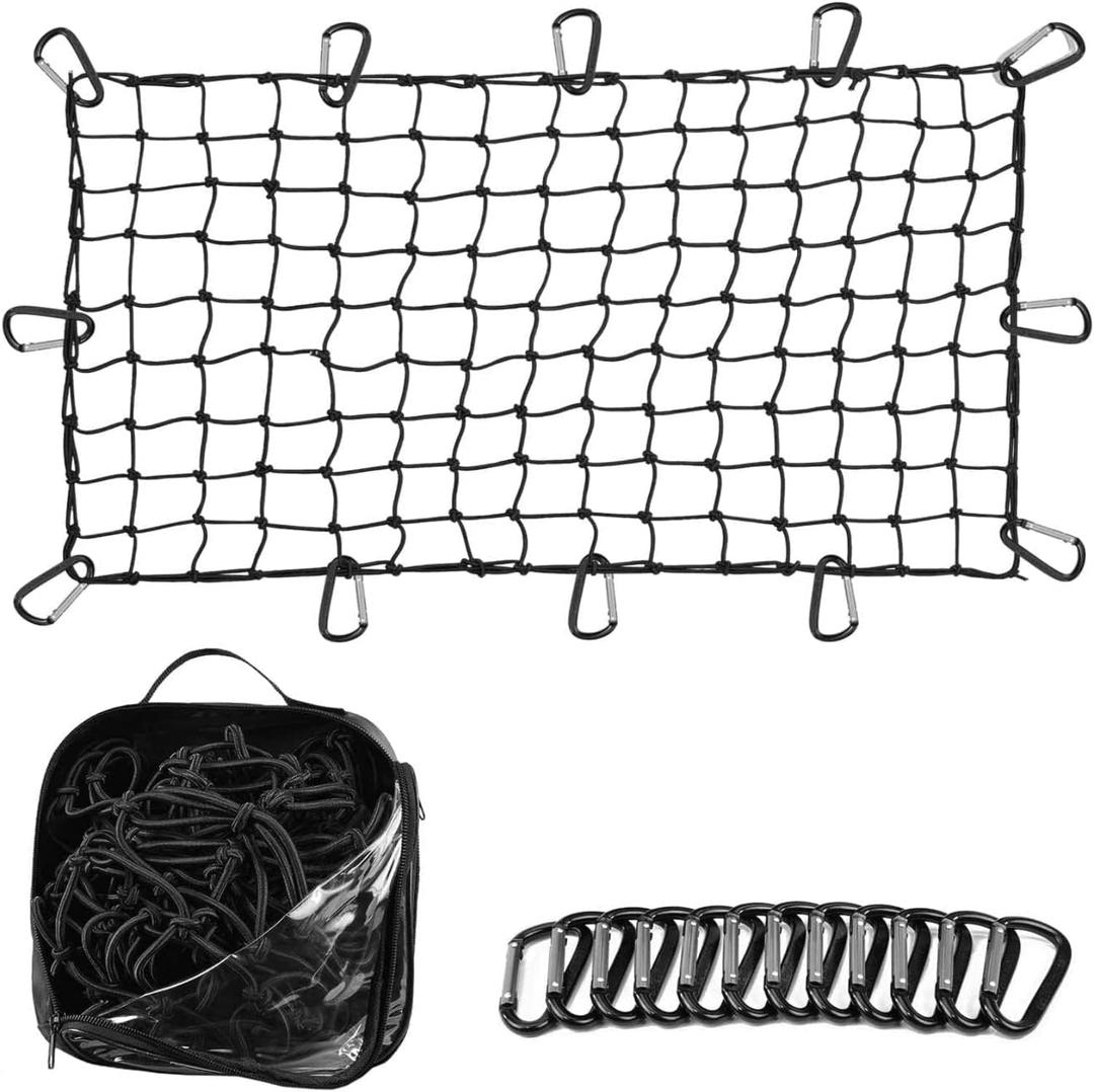 Truck Bed Cargo Net  4 x 6 Foot, Heavy-Duty Elastic Mesh with 12 Black Clips and Storage Bag for Pickup for Cargo Netting, Securing Loads in Trailers, SUVs & Roof Racks