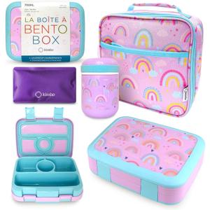 Bento Lunch Box with Thermo for Kids Set, Insulated Lunch Bag with Ice Pack, Stainless Steel Food Jar for Hot Soup, Boxes with 4 Compartments for Girls Toddler Snacks Lunches, Purple Rainbow