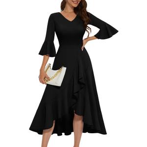 HomRain Women's Wedding Guest Dress Elegant Formal Cocktail Bell Sleeve Dress for Prom Homecoming Tea Party (Black, M)