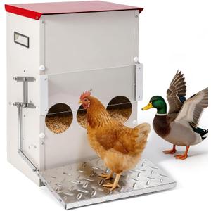 25LB Automatic Chicken Feeder No Waste Metal Gravity Poultry Feeder Treadle Feeder 3 Feeding Ports with Lid, Weatherproof Galvanized Chicken Food Dispenser for Ducks, Goose, Turkey