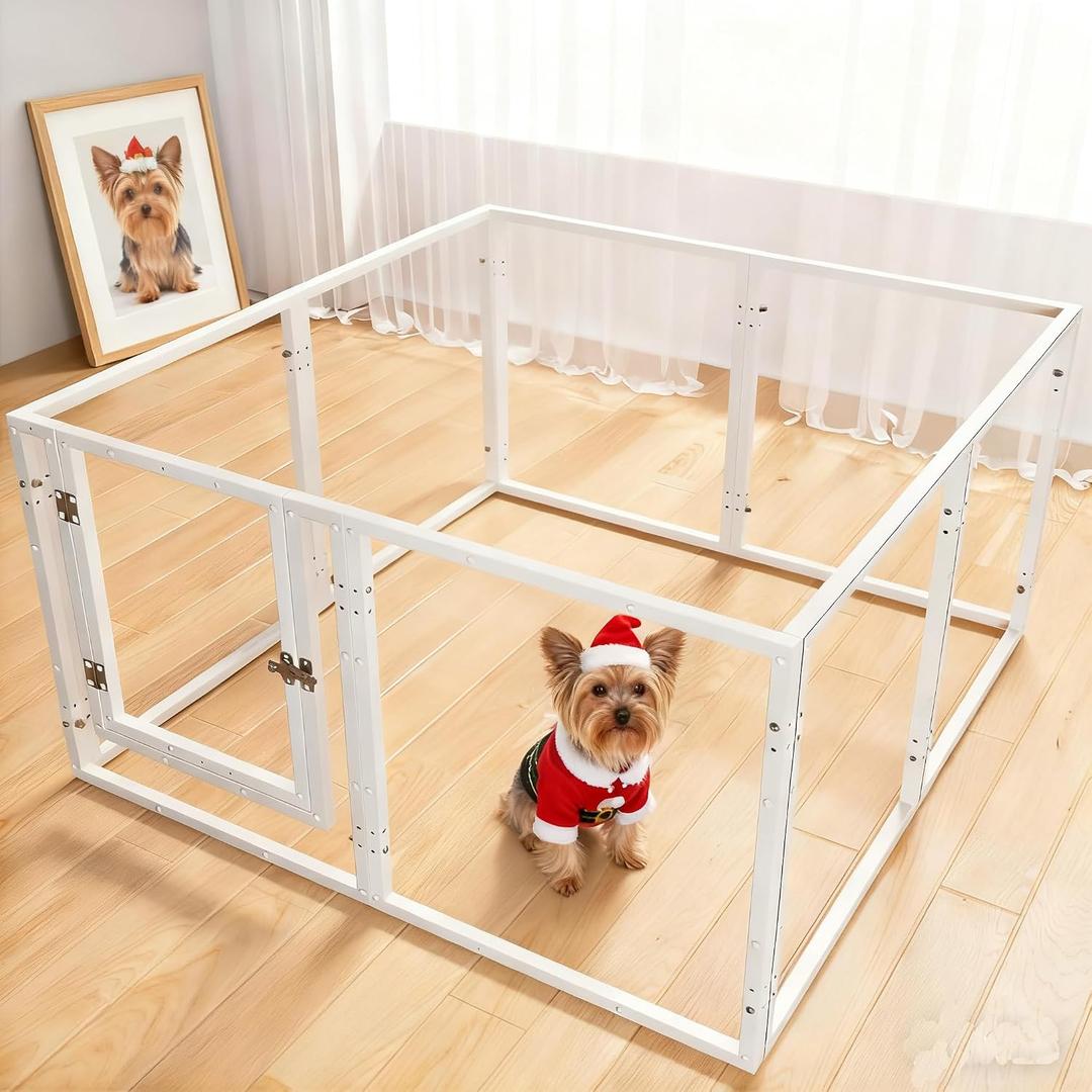 Clear Acrylic Dog Playpen with Door,Puppy Fence Indoors H:24" 8-Panel can be DIY Expanded + Splicing Height Design for Puppies/Small Dogs,White Dog Enclosure (Metal + Acrylic Material)