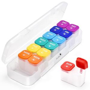 Fullicon Moisture-Proof Pill Organizer 2 Times a Day, Weekly Pill Boxes & Organiser with Silicone Lids, Large Capacity AM PM Pill Organizer 7 Day, Travel Pill Case for Vitamins (Clear Rainbow)
