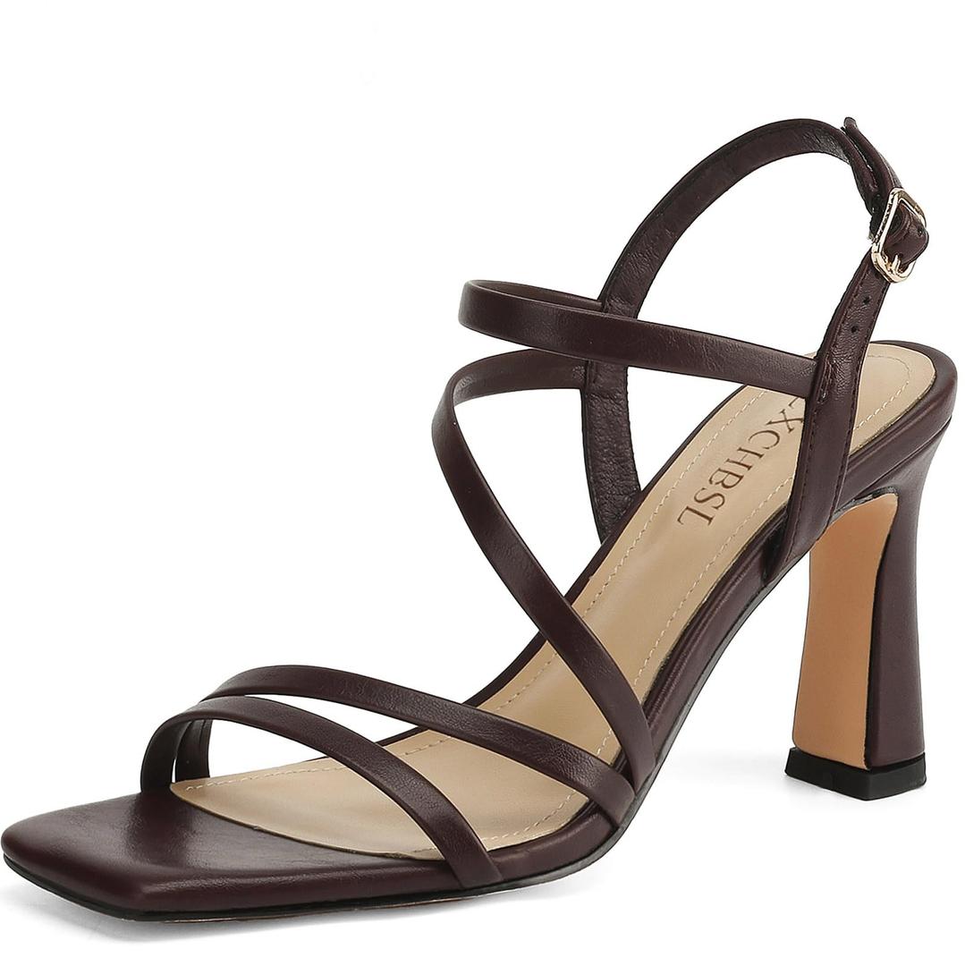 SLXCHBSL Strappy Heels for Women 3 Inch Chunky Block High Heels Square Open Toe Ankle Strap Dress Sandals for Wedding Prom Party Bridesmaid (Brown)