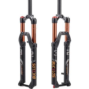 BUCKLOS 26/27.5/29 inch MTB Fork 120mm Travel, 1-1/8" Straight/Tapered Mountain Bike Fork Rebound Adjust, 15mm100mm Axle, Manual Lockout Air Shocks (Gold-Straight tube)