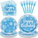 96Pcs Winter Snowflake Birthday Party Decorations Blue Frozen Birthday Paper Plates and Napkins Sets Winter Wonderland Decorations for Girls Princess Christmas Baby Shower Holiday Supplies Serves 24