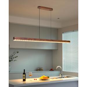 47" Wood Linear Pendant Light, Dimmable Kitchen Island Lighting with Remote, 30W LED Island Lights for Kitchen, Adjustable Linear Chandelier for Dinning Room Light Fixture,Pool Table Light - Walnut