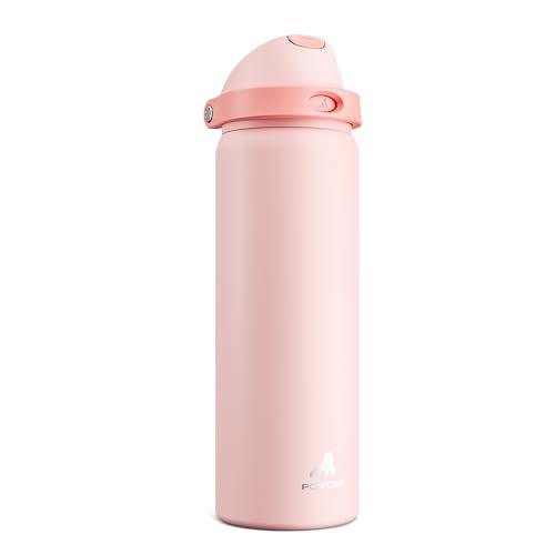 POWCAN 32 oz Insulated Water Bottle for Travel: 2-in-1 Lid with Push-Button Spout & Quick-Flip Straw, Leakproof, Keep Cold 24Hrs, Vacuum Stainless Steel for Travel, Trip, Hiking, Sport (Cotton Candy)