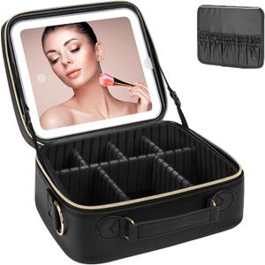 Makeup Bag with LED Mirror, [3 Color and Stepless Dimmable] Rechargeable LED Light for Makeup Bag Train Case with Brushes Storage Organizer, Travel Box Cosmetic Bag for Women - Black