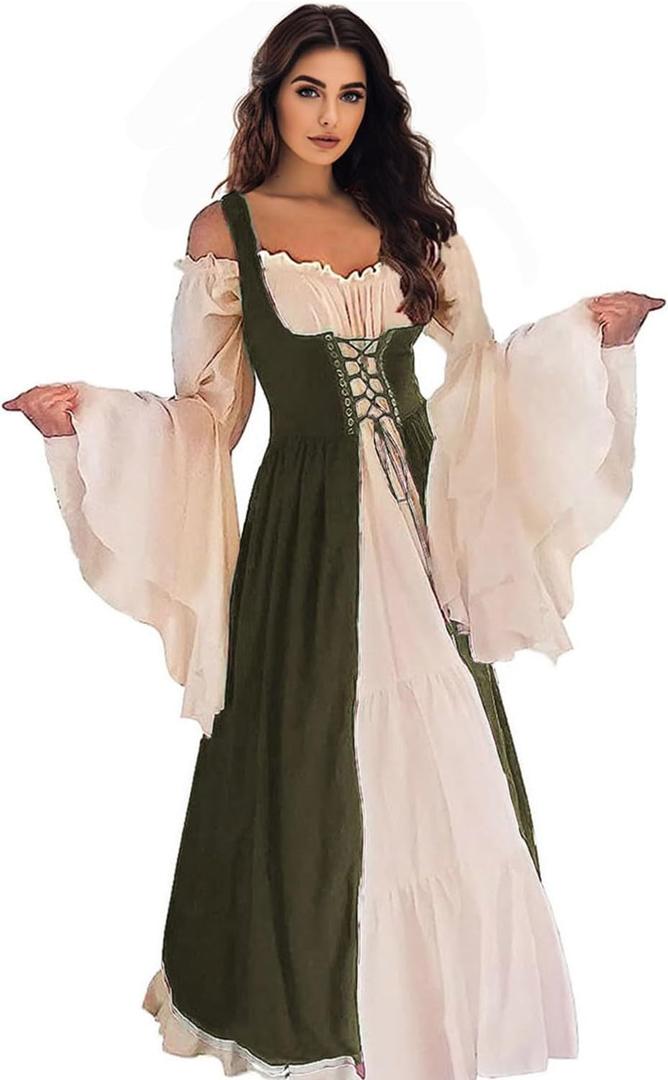 Renaissance Dress Women Irish Medieval Pirate Costume Ren Faire Dresses Halloween Costume (Large-X-Large, Olive)