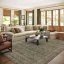 Machine Washable Rugs for Living Room: 8x10 Area Rugs Boho Vintage Rugs Stain Resistant Non Slip Low Pile Soft Lightweight Carpet for Bedroom Kitchen Dining Room Nursery Kids Room Farmhouse (Dark Green Brown)