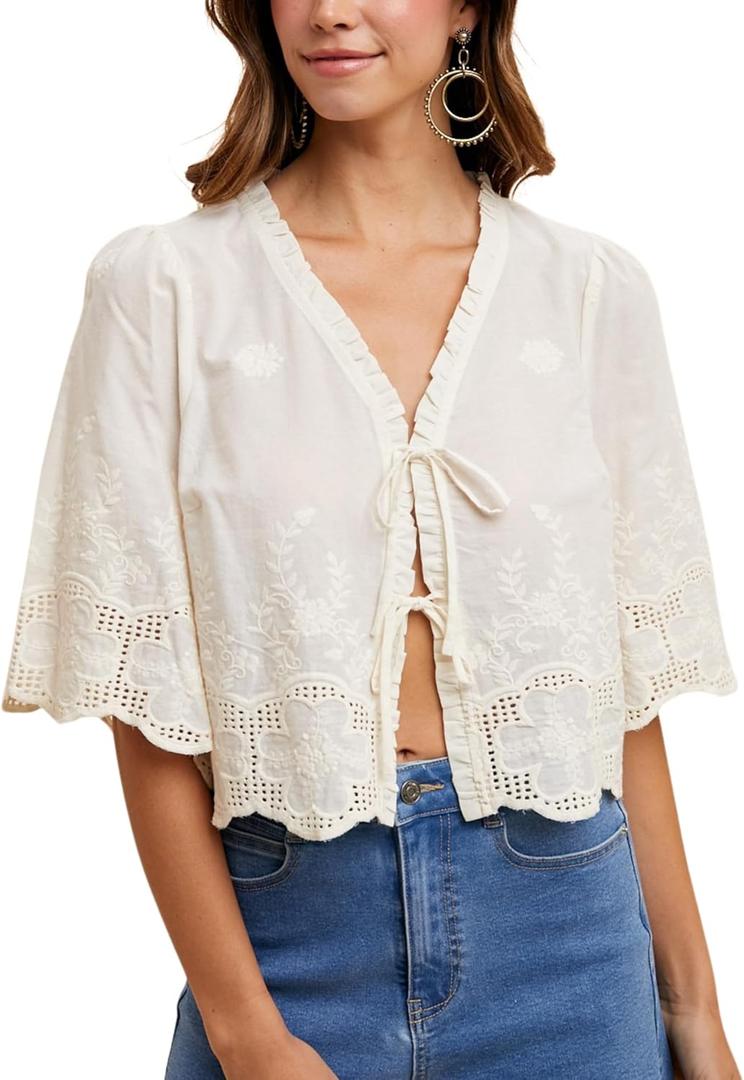 Esmeling Womens Floral Embroidery Short Sleeves Shirt V Neck Summer Scallop Edge Bow Tie Front Blouse (Medium, White)