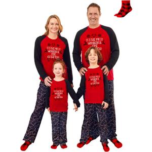 PATPAT Family Christmas Pajamas Matching Sets, Matching Christmas Pajamas for Family, Red Candy Cane Holiday Sleepwear Funny Letter Print PJs including Socks 4-5Y