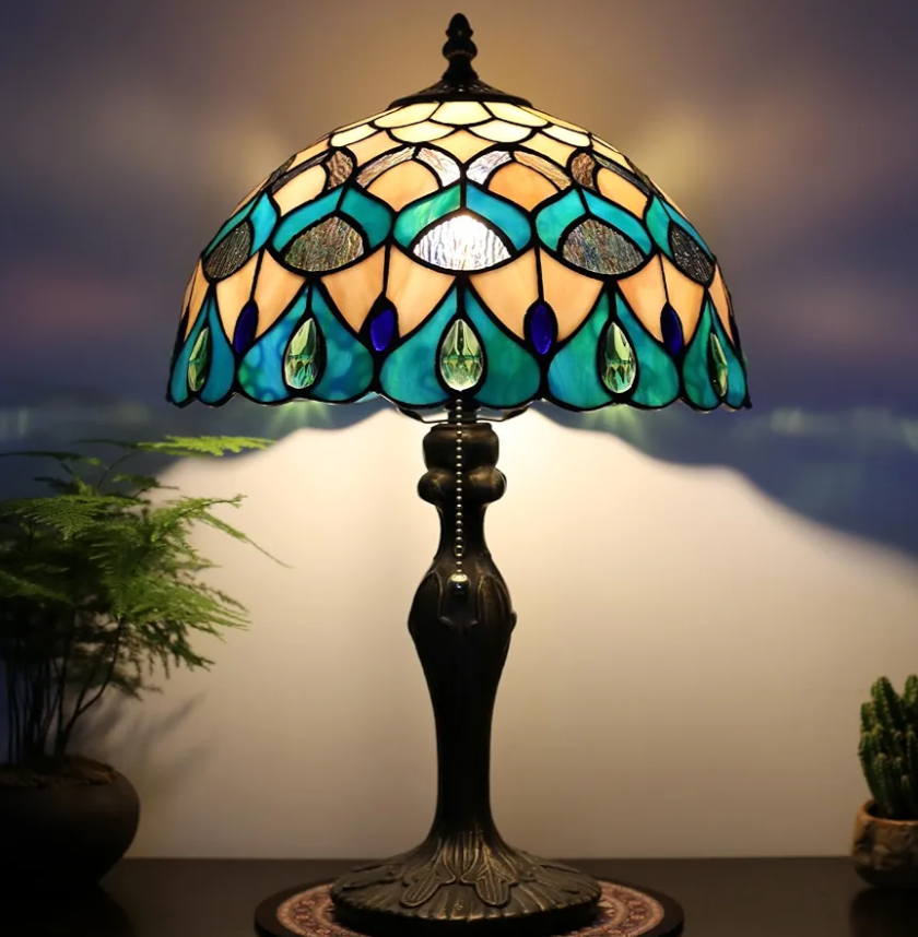 Tiffany Lamp Stained Glass Table Lamp Bedside Reading Lamp 12 x 19” Blue Phoenix Tail Style Decorative Lamp for Desk Study Living Room Bedroom Office Decor Gift