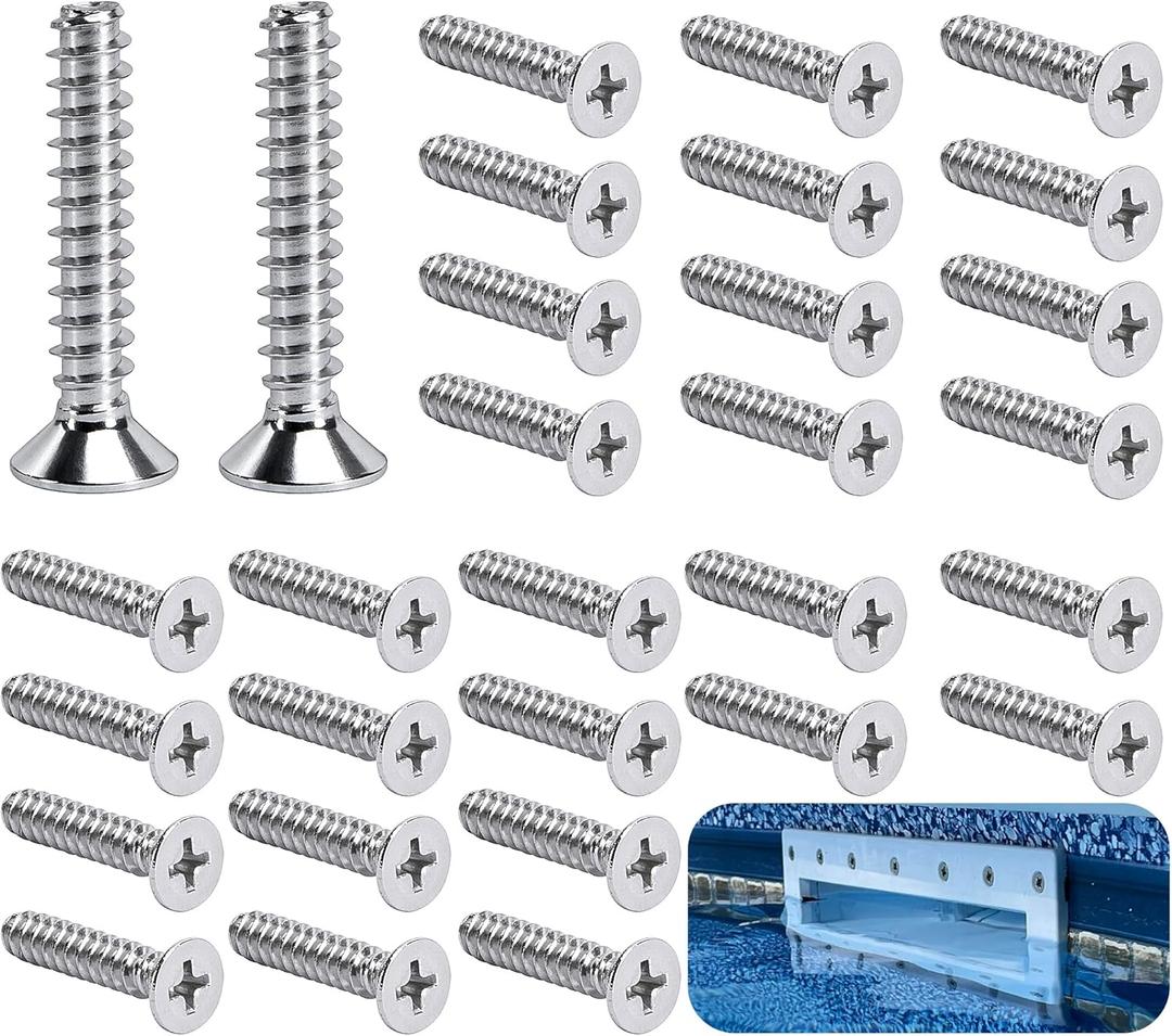 RunNico 32 Pcs Pool Skimmer Screws Replacement, 1'' x 0.2'' Pool Stainless Steel Face Plate Screws, Automatic Skimmer Screw Set for Pools Daily Maintenance Part Replacement