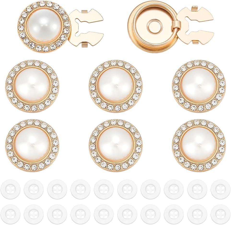 8Pcs Pearl Rhinestone Button Covers Alloy Flat Round White Button Cover Cufflinks with 20Pcs Plastic Buttons No Sewing Sleeve Clothing Buttons Clips for Birthday Christmas Wedding Gifts