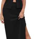 Pink Queen Women's Summer 2 Piece Outfit Set V Neck Button Crop Tank Top Vest Bodycon Maxi Long Skirt Waffle Knit Dress (Black), X