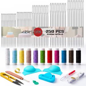 2 x 250 PCS Big Eye Steel Sewing Needles Kit, Stainless Steel for Hand Sewing with 12 Colors Thread, Sewing Edge Guide (3mm/4mm), Seam Ripper, Thimble, and Measuring Tape