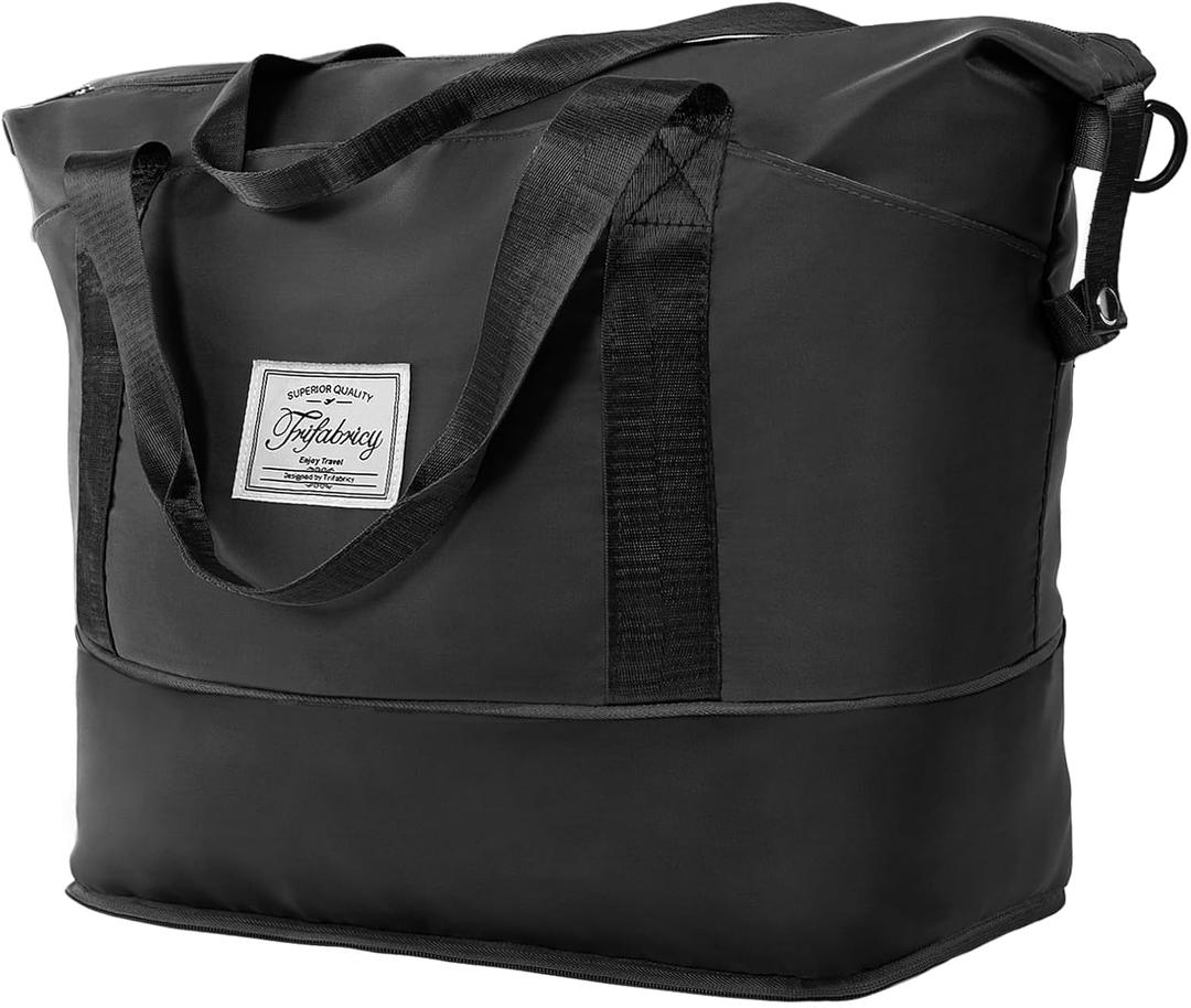 Travel Duffel Bag - Large Shoulder Weekender Overnight Bag, Carry on Bags with Wet Pocket, Waterproof Expandable Duffel Bags with Trolley Sleeve for Sports Travel Gym, Black