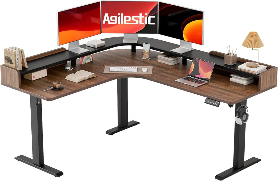 Agilestic L Shaped Standing Desk, Corner Desk with Monitor Shelf, Adjustable Height Gaming Table, Sit Stand Up Table, 63 x 55 Inch Home Office Computer Workstation, Splice Board, Dark Walnut