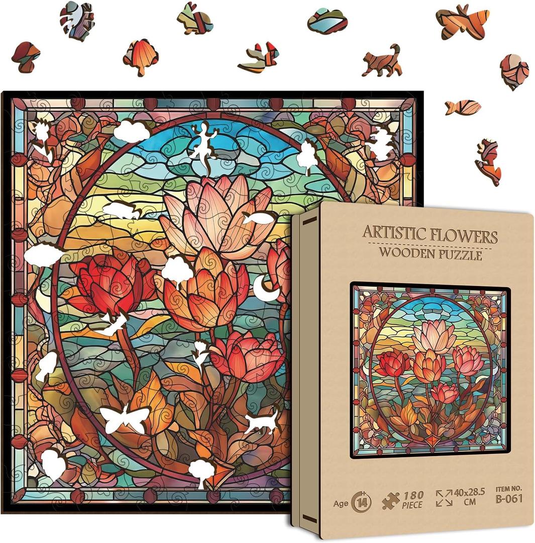 Wooden Stained Glass Flower Puzzles 180 Pieces, Vintage Floral ArtImpossible Hard Challenging Puzzles for Adults Kids, Colorful Wood Stained Glass Jigsaw Puzzle Painting as Wall Art Decor
