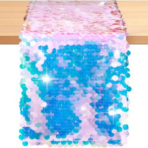 1 Pack Mermaid Party Table Runner 12 x 84 Inches Mermaid Tail Scales Sequin Table Runner Glitter Holographic Table Cover for Birthday Party Ocean Decorations