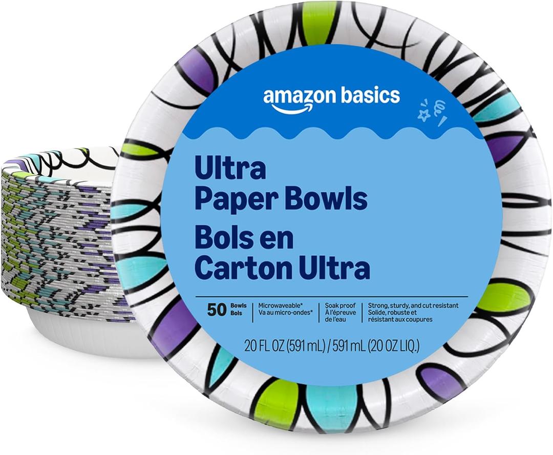 Amazon Basics Ultra Disposable Paper Bowls, 20 oz, Microwave Safe, Soak Proof, Strong & Sturdy, White, 50 Count, Packaging May Vary