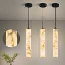 LMQNINE Natural Alabaster Pendant Lights for Kitchen Island White Marble Long Tube Chandelier Modern Black Ceiling Light Fixtures for Bedroom Dining Room Table Living Room Hallway(M-3Pack)