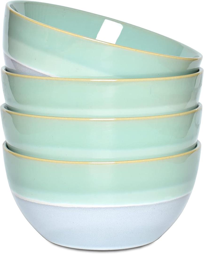 Bosmarlin Stoneware Soup Bowl Set of 4, 26 Oz, Cereal Bowl for Oatmeal, Dishwasher and Microwave Safe, Reactive Glaze (Mint green, 6 in)
