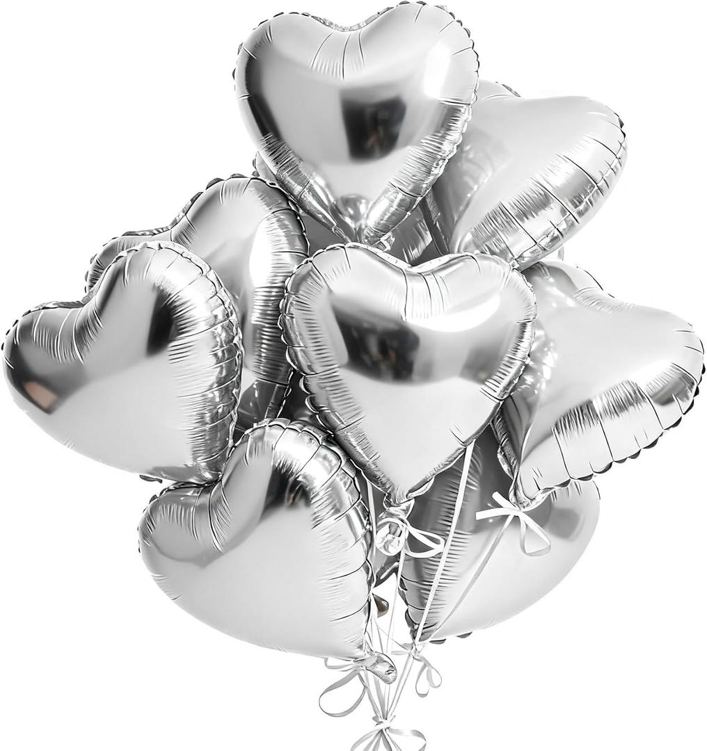 Silver Heart Balloons, 11 Pcs 18 Inch Silver Heart Shaped Foil Balloons for Valentines Day, Wedding, Bridal Shower and Birthday Party Decorations