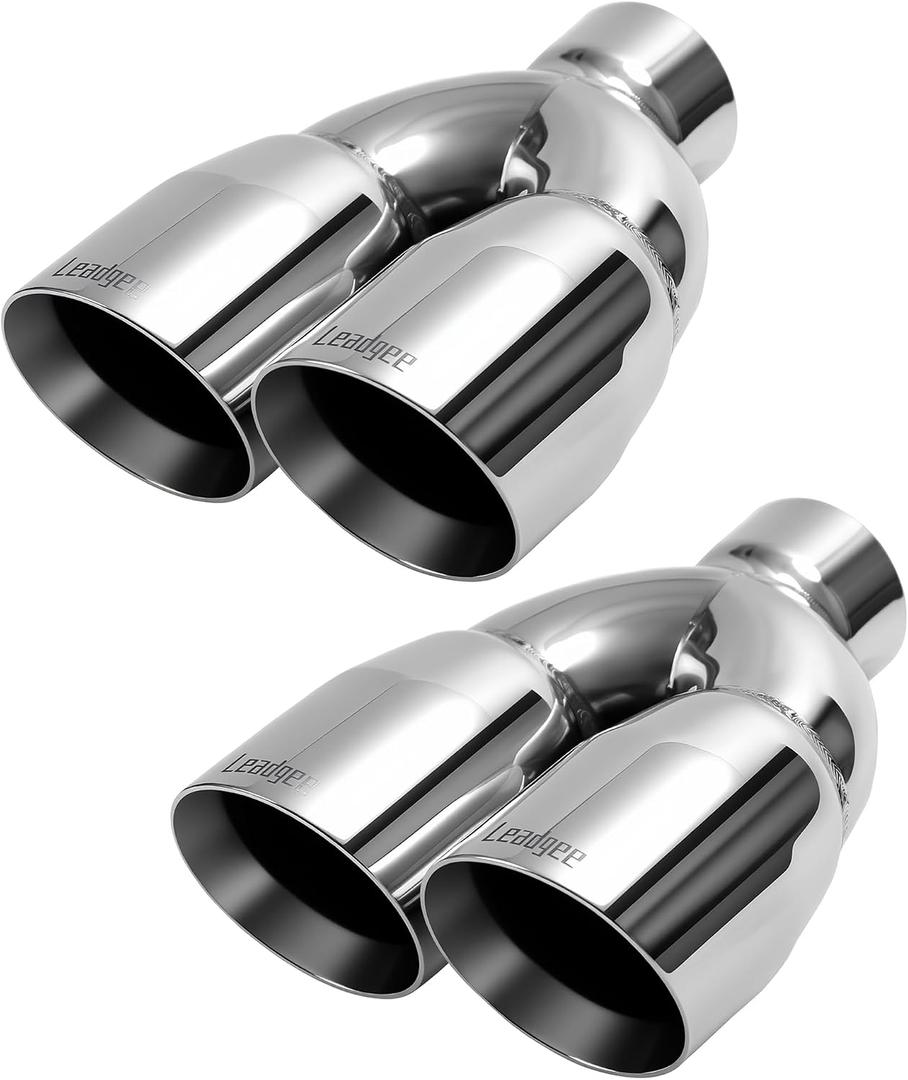 Pack of 2 Dual Exhaust Tips, 2.5 Inch Inlet, 3.5 Inch Outlet, 9.5 Inch Length, Polished Stainless Steel Diesel Exhaust Tip for Car & Truck (Double Wall Weld-On Design)