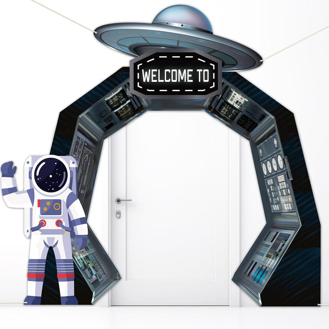 3Pcs Outer Space Porch Banner Space Birthday Party Decorations Spaceship Hanging Banner Astronaut Planet Door Covers Backdrops for Galaxy Solar System Kids Boys Girls Birthday Photo Booth Prop