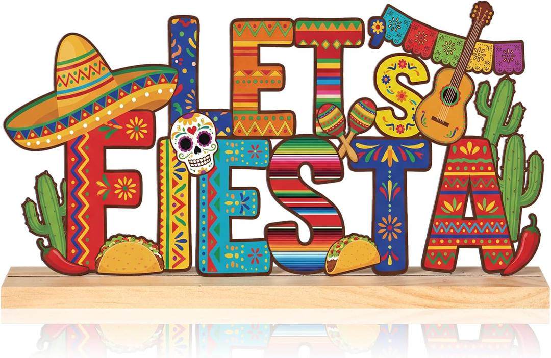 Roowest Let's Fiesta Tabletop Sign Colorful Cinco De Mayo Table Decor Metal Mexican Table Centerpiece Festival Tiered Tray Decoration with Wooden Base for Shelf Mantel Home Office Holiday Party Gift