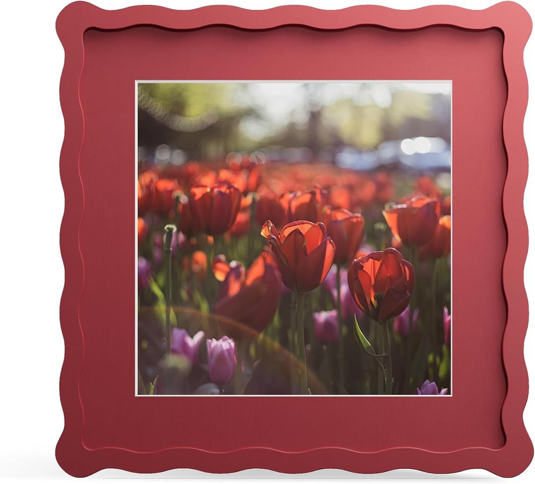 10x10 Picture Frame with Mat for 8x8, Wavy Edge Wooden Real Glass Photo Frame for Tabletop and Wall Hanging, Red, 1 Pack