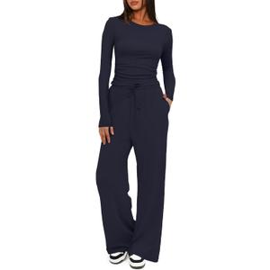 Darong Women's 2 Piece Sets Fall Outfits Long Sleeve Wide Leg Tracksuits Casual Lounge Set Matching Sets (Medium)