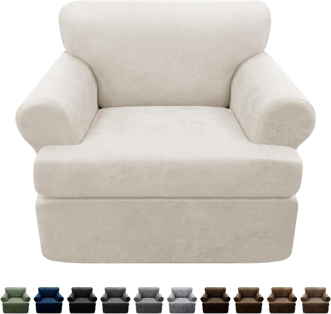 2-Pieces T Cushion Armchair Slipcovers Leather Look Couch Cover Chair Covers Stretch Furniture Protector Sofa Cover with 1 Individual T Cushion Seat Cover Slipcover Sets Washable, Beige