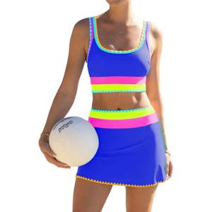 popvil High Waisted Bikini Sets for Women Tummy Control Swimsuits 3 Piece Bathing Suits Neon Swimwear with Skirt 2026 RoyalBlue M