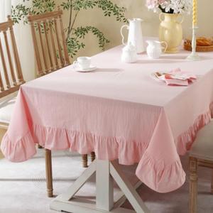 JadeRich Solid Color Ruffled Tablecloth Cotton Rectangular Square Table Cover Decoration for Kitchen Dinning (55" x 55" (Square), Pink)