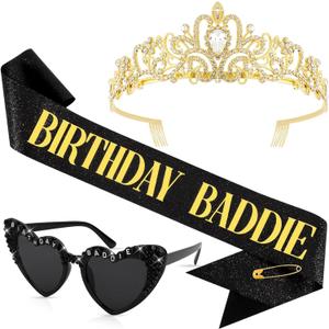 BIRTHDAY BADDIE Sash and Crown & Glasses Set for Women Girls, Birthday Girl Sash, Birthday Tiara Crown Birth day Decorations for Women Party Supplies Outfits Accessories