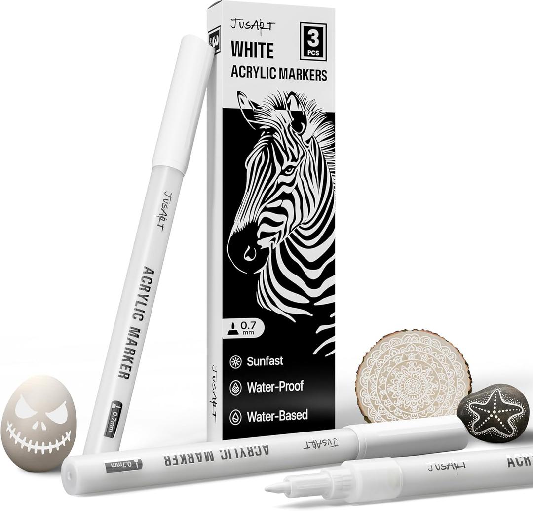 JusArt 3 Pack White Permanent Markers, 0.7mm Fine Point Acrylic Paint Pens for Rock Painting, Art Projects, Ceramic, Glass, Wood, Metal, Fabric, DIY, Ideal White Acrylic Marker for Art Supplies