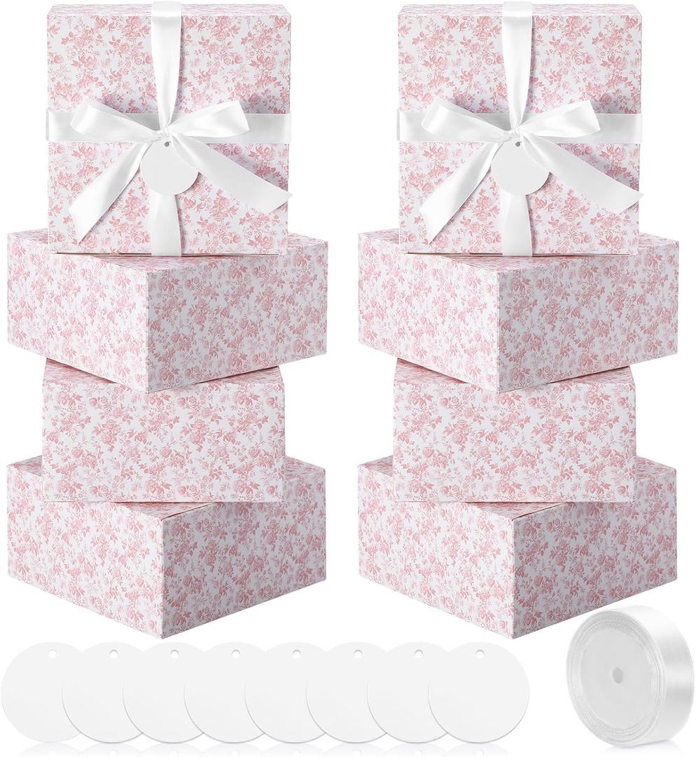 Faccito Pink 8 Pack Floral bridesmaid proposal Gift Boxes 8 x 8 x 4 Inch Flower Paper Boxes with Ribbon Label Card for Wedding Bridesmaid Gift Bridal Baby Shower Birthday Party Favor (Chinoiserie)