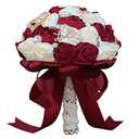 Sharebeauty 5.9 Inch Handmade Satin Rose Bridal Bouquet Toss Round Wedding Bouquet Throw Toss Artificial Flower Bunch Dark Red + Ivory