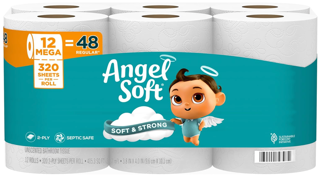 Angel Soft Toilet Paper, 12 Mega Rolls = 48 Regular Rolls, Soft and Strong Toilet Tissue