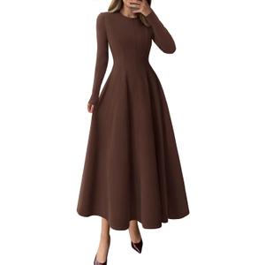 PRETTYGARDEN Cocktail Dresses for Women 2026 Elegant Classy Fall Long Sleeve Midi A Line Flowy Modest Winter Party Dress (Brown) S