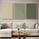 Large Framed Green and Neutral Beige Abstract Wall Art for Living Room, 3 Piece Modern Canvas Prints Paintings, Minimalist Geometric Line Pictures for Hallway Dining Bedroom Office Wall Decor 24x36 In, 24" W x 36" H x 3Pcs