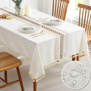 QIANQUHUI Embroidered Tablecloth for Dining Table,Dust Proof Spillproof Soil Resistant Cotton Linen Rectangle Table Cloths (Coffee Wheat, Rectangle/Oblong, 55'x102'', 8-10 Seats)