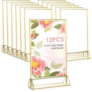 12 PCS Acrylic Sign Holders, 4x6 Inch Wedding Table Number Holder Table Top Double Sided Gold Photo Frames Clear Picture Frame for Restaurants, Banquets, Menus, Flyers and Numbers
