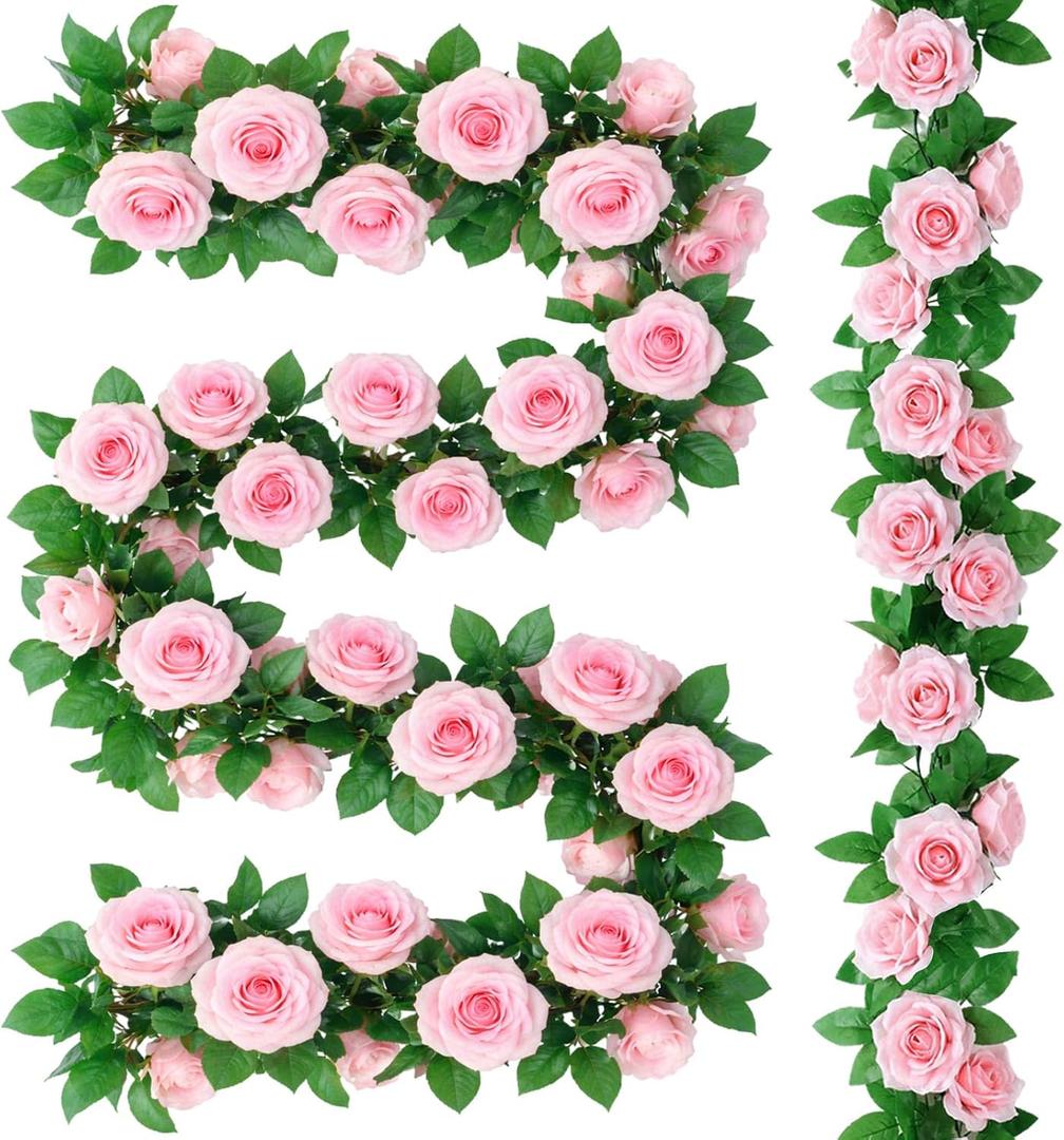 Suncalla 30 Pack 246ft Rose Garland Artificial Rose Flowers Vine with Green Leaves Hanging Fake Floral Garland Vine for Wedding Birthday Wall Garden Table Centerpiece Room Arch Decor(Pink Color)