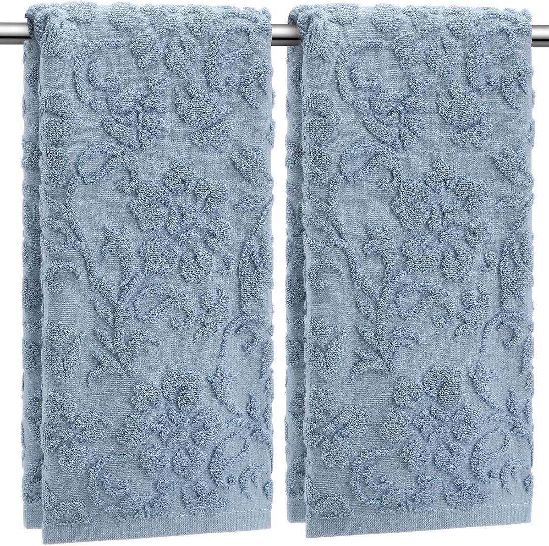 SmoothNovelty 2 Pcs Quality Floral Jacquard Hand Towels Set for Bathroom Blue Hand Towels 100% Cotton Absorbent Decorative Weave Bath Decor Neutral Bathroom Decor Gift, 13.7 x 29.5 Inch